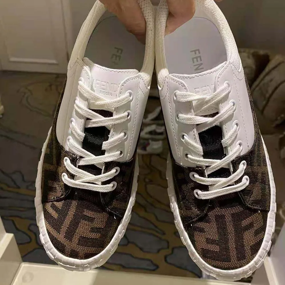 Fendi Sneakers Brown Fabric Low-Tops for Women in White