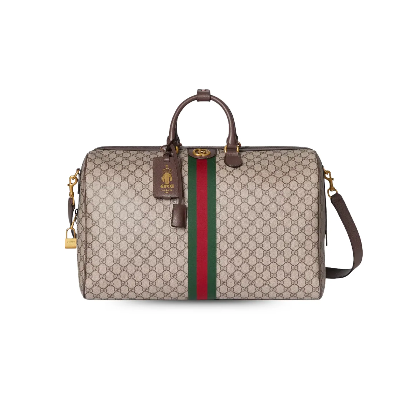 Gucci Savoy Large Duffle Travel Bag / Beige/ Dark Brown Gold Hardware