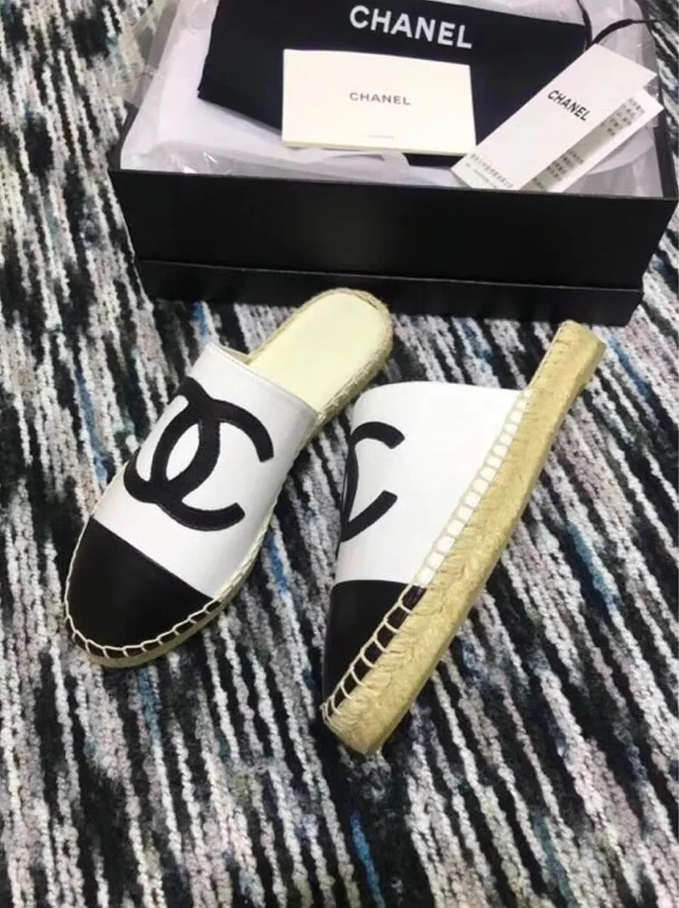 Chanel Mule Espadrille Slides White/Black , Shoes Chanel Mule Espadrille Slides White/Black , Shoes
