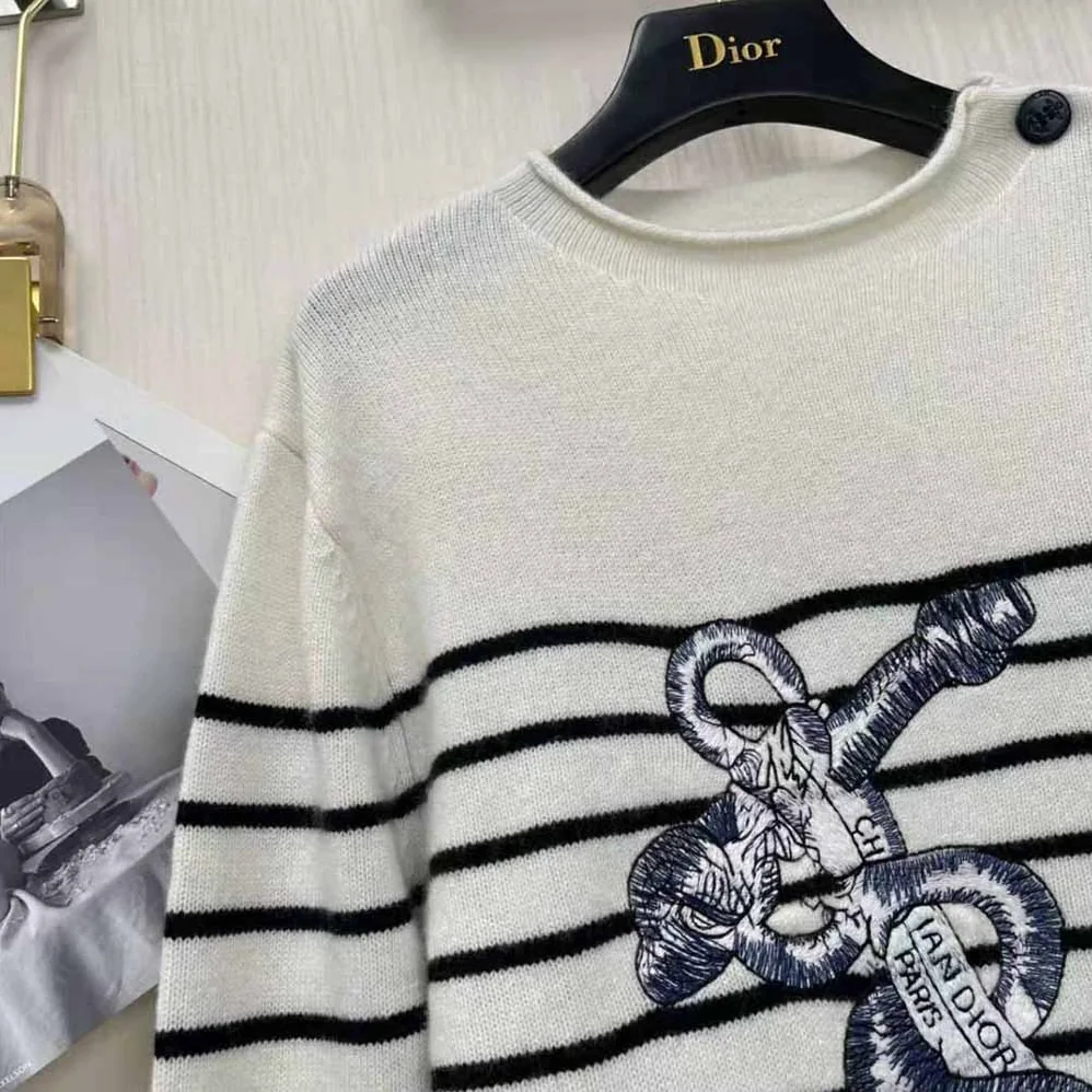 Dior Mariniere Embroidered Sweater Ecru Cashmere Knit for Women Dior Mariniere Embroidered Sweater Ecru Cashmere Knit for Women