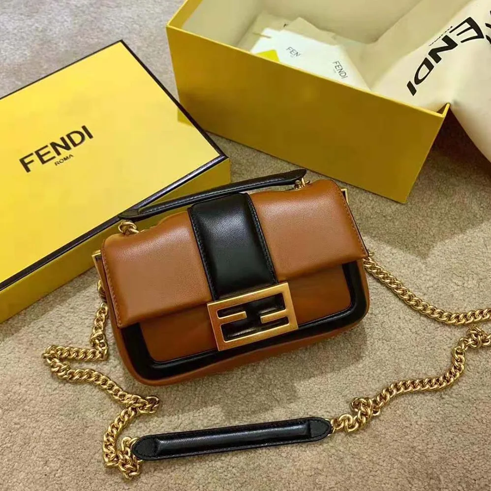 Fendi Mini Baguette Chain Brown and Black Nappa Leather Bag for Women