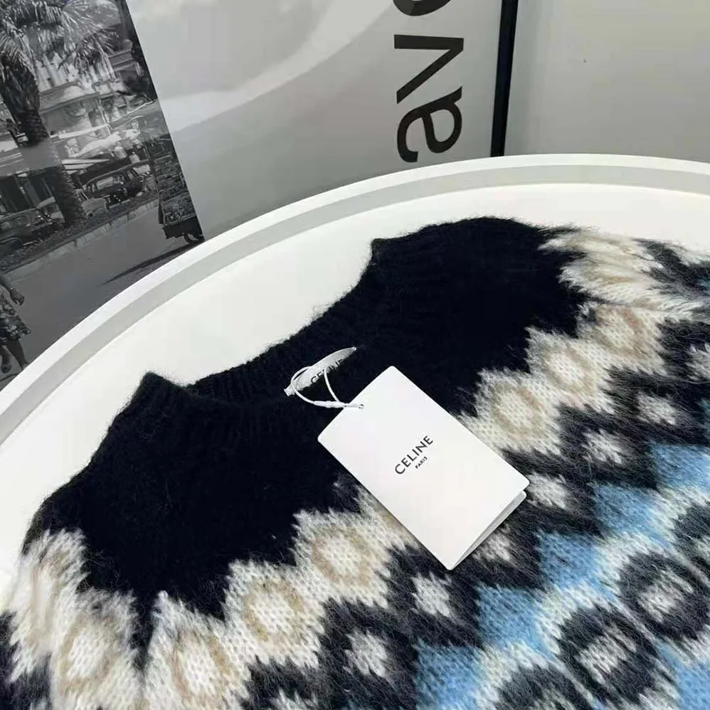 Celine Brushed Wool Crew-Neck Sweater with Fair Isle Detail for Women Celine Brushed Wool Crew-Neck Sweater with Fair Isle Detail for Women