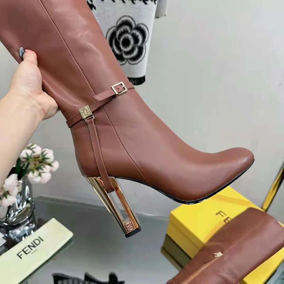 Fendi Delfina Leather High-heeled Boots for Women in Brown Fendi Delfina Leather High-heeled Boots for Women in Brown