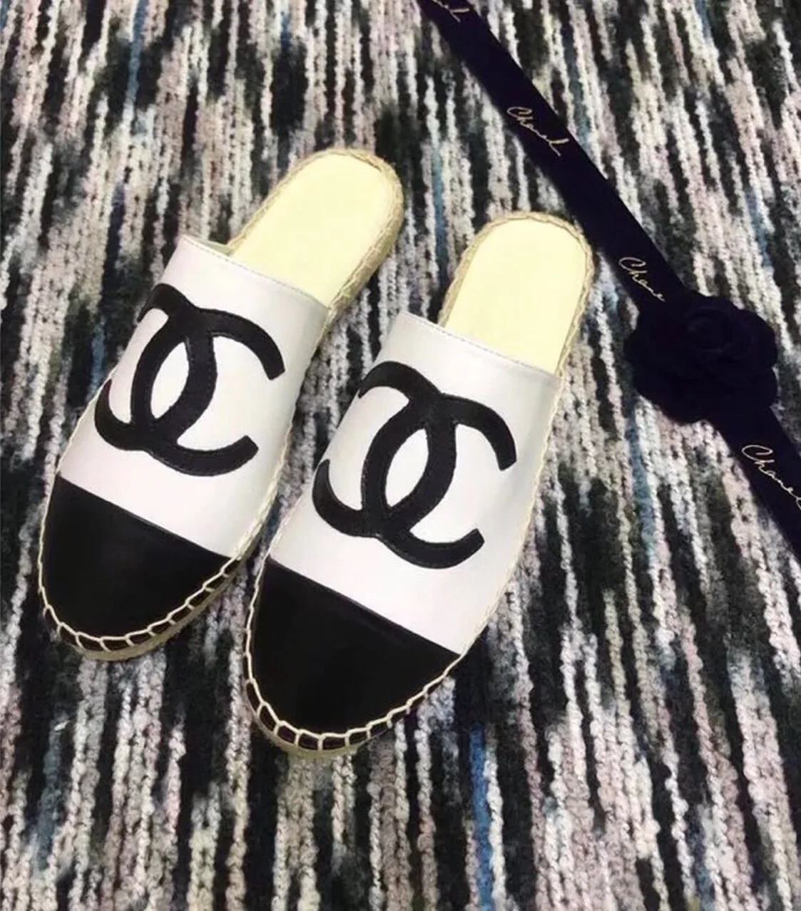 Chanel Mule Espadrille Slides White/Black , Shoes Chanel Mule Espadrille Slides White/Black , Shoes