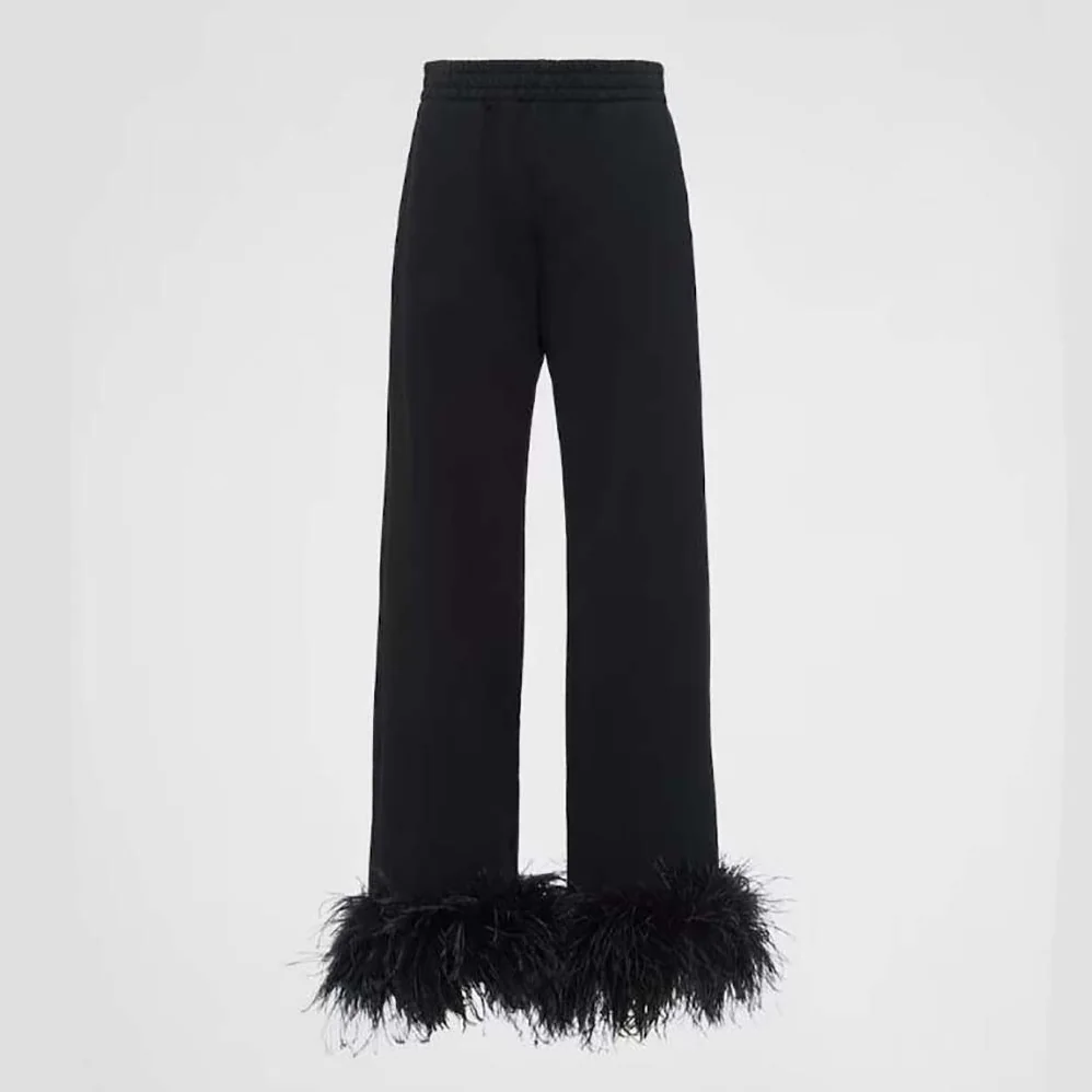 Prada Cotton Fleece Joggers with Feather Trim for Women in Black Prada Cotton Fleece Joggers with Feather Trim for Women in Black