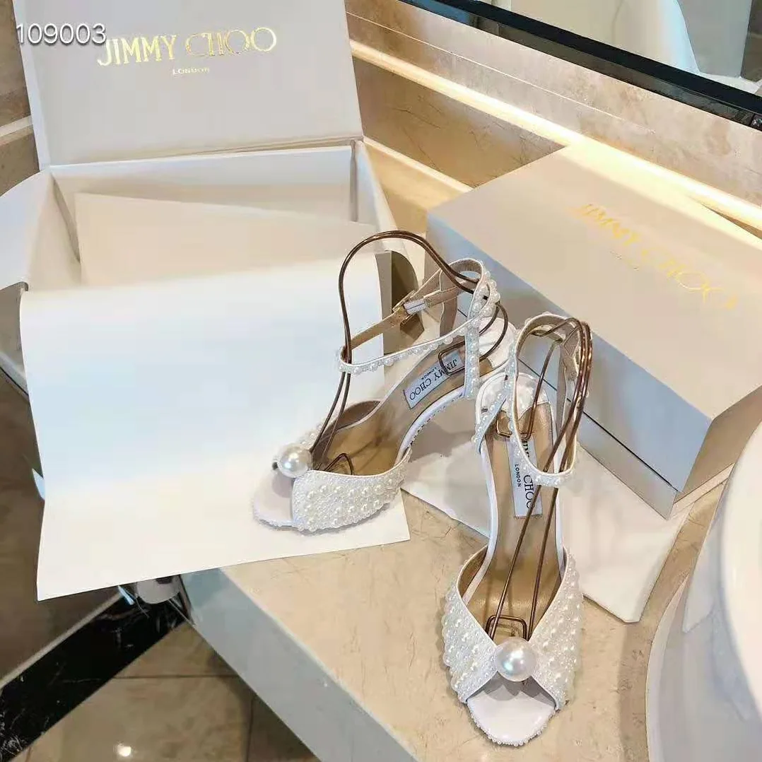 Jimmy Choo SACORA 100 White Satin Sandals with All Over Pearls for Women Jimmy Choo SACORA 100 White Satin Sandals with All Over Pearls for Women