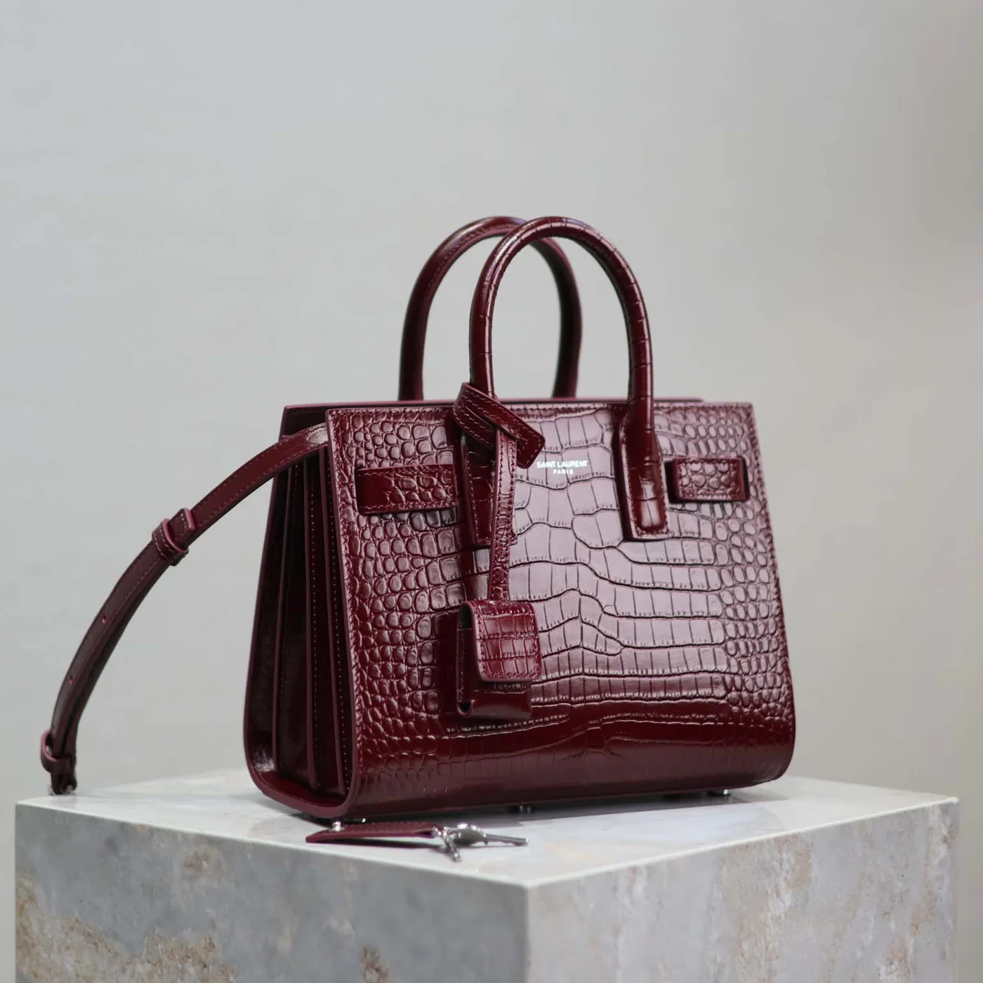 Saint Laurent YSL Sac De Jour in Crocodile Embossed Leather Nano for Women in Maroon Saint Laurent YSL Sac De Jour in Crocodile Embossed Leather Nano for Women in Maroon