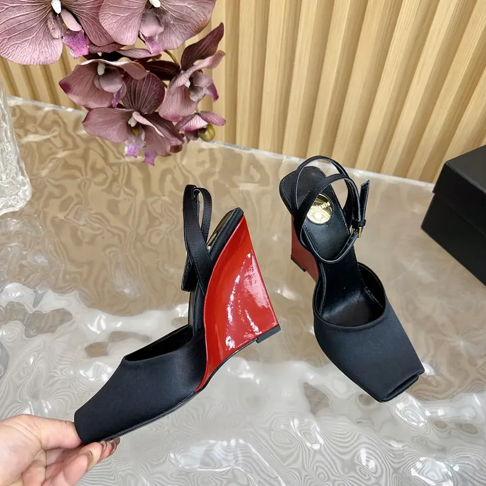 Saint Laurent YSL La Scandale Wedges in Satin Crepe for Women in Black Saint Laurent YSL La Scandale Wedges in Satin Crepe for Women in Black