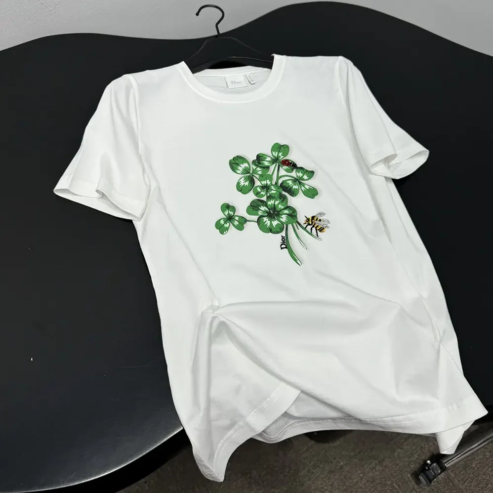 Dior Fitted T-Shirt White Cotton Jersey with Green Dior Clover Motif for Women