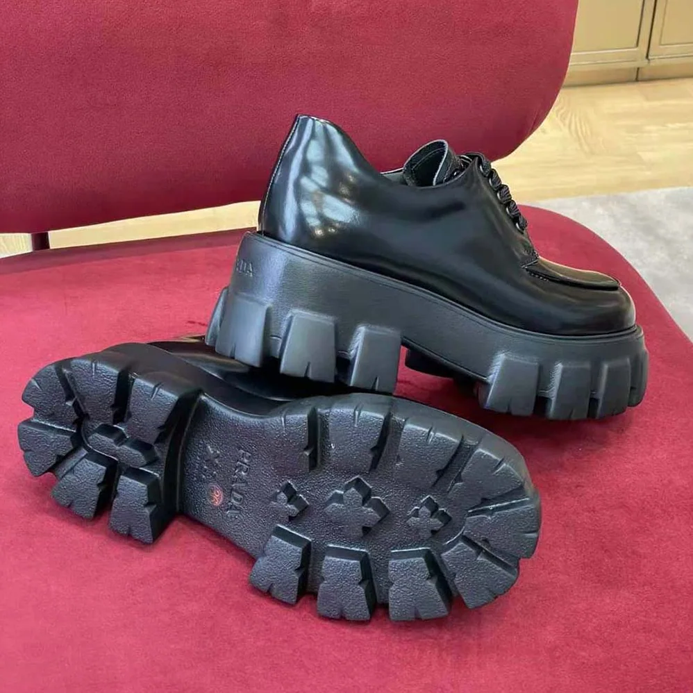 Prada Monolith Brushed Leather Lace-up Shoes for Women in Black