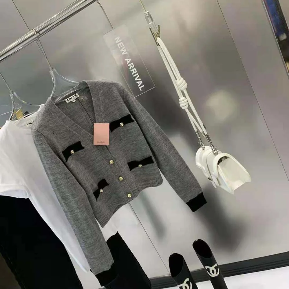 Miu Miu Cashmere Cardigan with Knit Logo Patch for Women in Gray