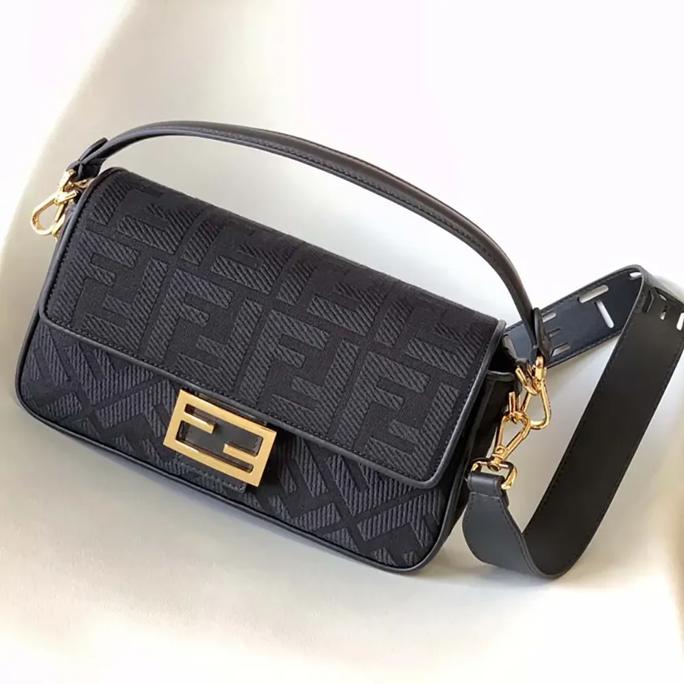 Fendi Baguette Black Denim Bag with FF Embroidery for Women