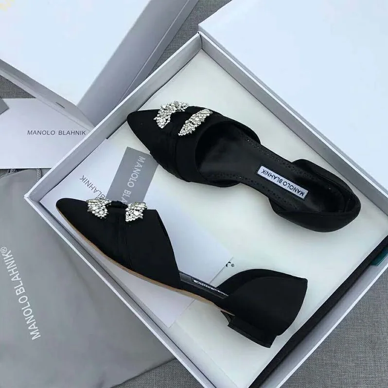 Manolo Blahnik Shoes Luanda Satin Crystal Embsllished D'Orsay Flats 10mm Heel for Women in Black Manolo Blahnik Shoes Luanda Satin Crystal Embsllished D'Orsay Flats 10mm Heel for Women in Black