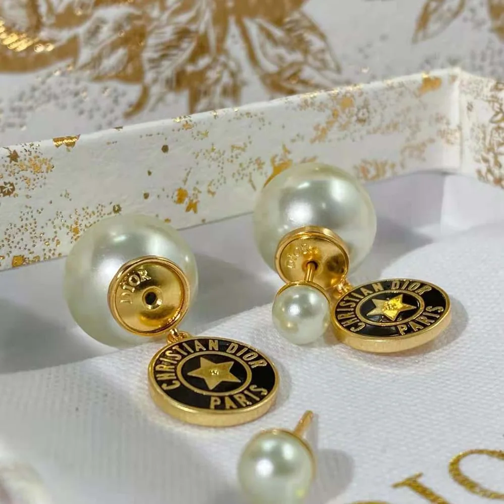 Dior Tribales Earrings Gold-Finish Metal with White Resin Pearls and Navy Blue Lacquer for Women Dior Tribales Earrings Gold-Finish Metal with White Resin Pearls and Navy Blue Lacquer for Women