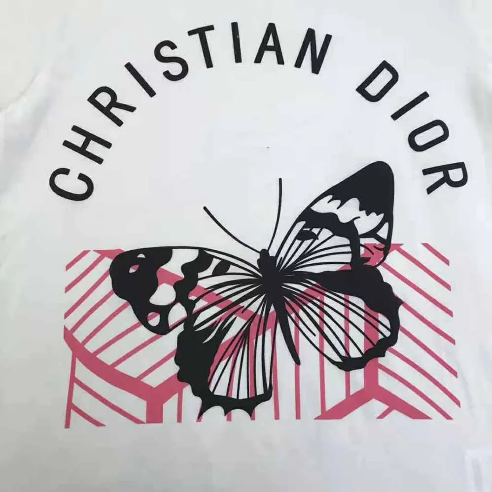Dior T-shirt White Cotton Jersey with Fluorescent Pink D for Women in Jungle Pop Motif Dior T-shirt White Cotton Jersey with Fluorescent Pink D for Women in Jungle Pop Motif