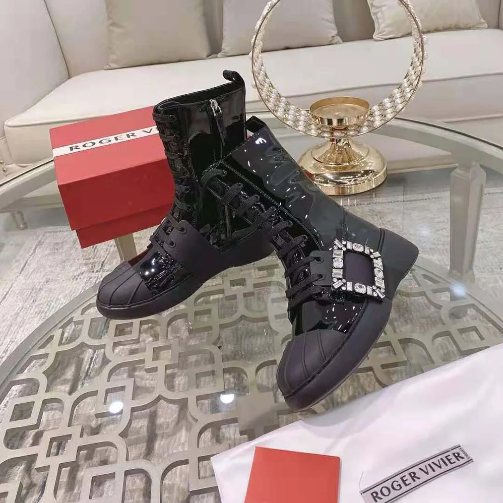 Roger Vivier Viv Skate Lace Up Strass Buckle Booties in Leather for Women in Black Roger Vivier Viv Skate Lace Up Strass Buckle Booties in Leather for Women in Black