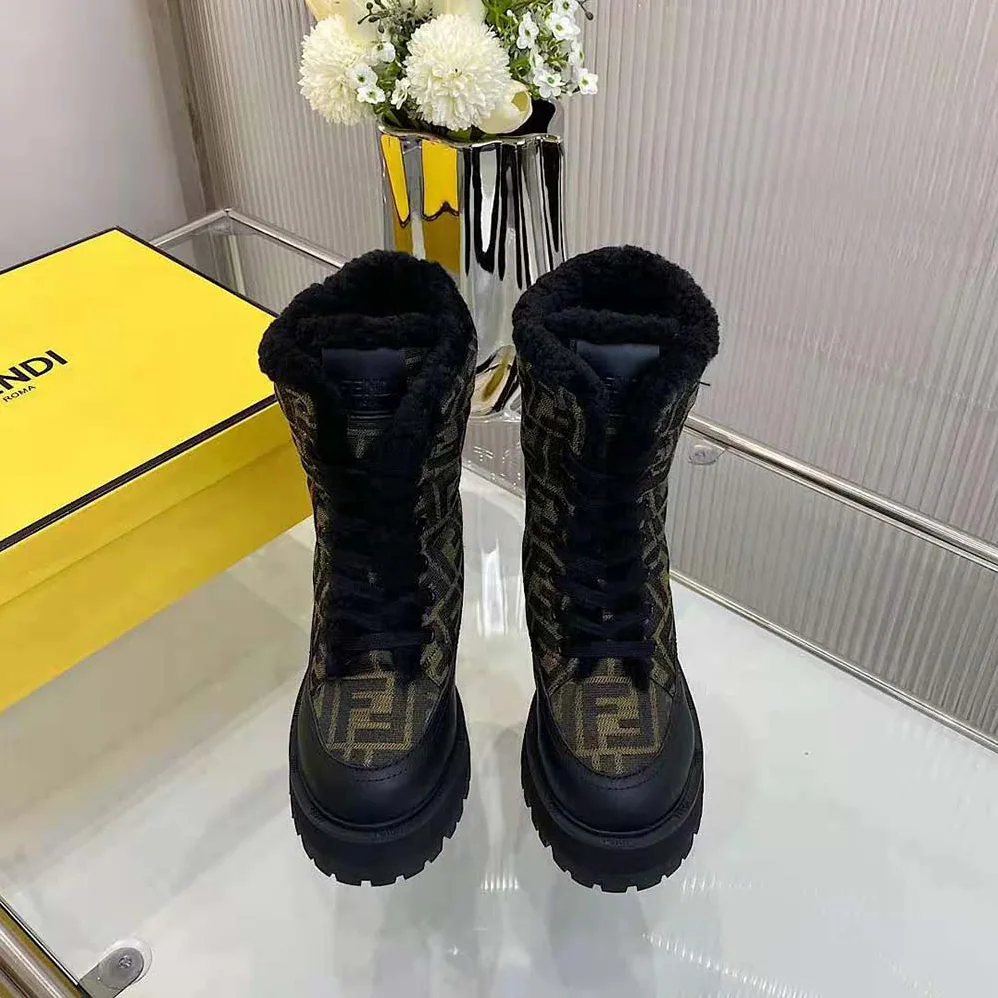 Fendi Signature Biker Boots Black Leather Biker Boots with FF Fabric for Women