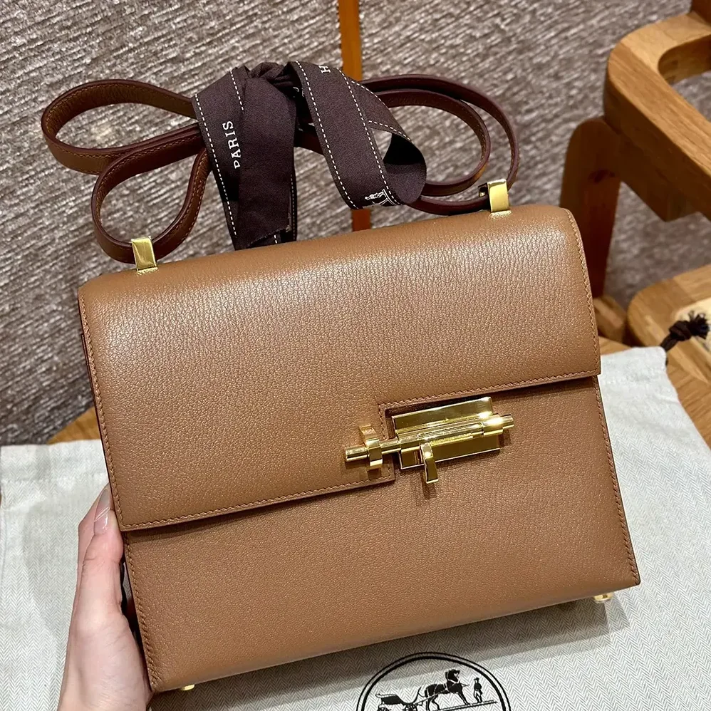 Hermes Verrou 21 Bag in Togo Leather for Women in Brown/Gold Hermes Verrou 21 Bag in Togo Leather for Women in Brown/Gold