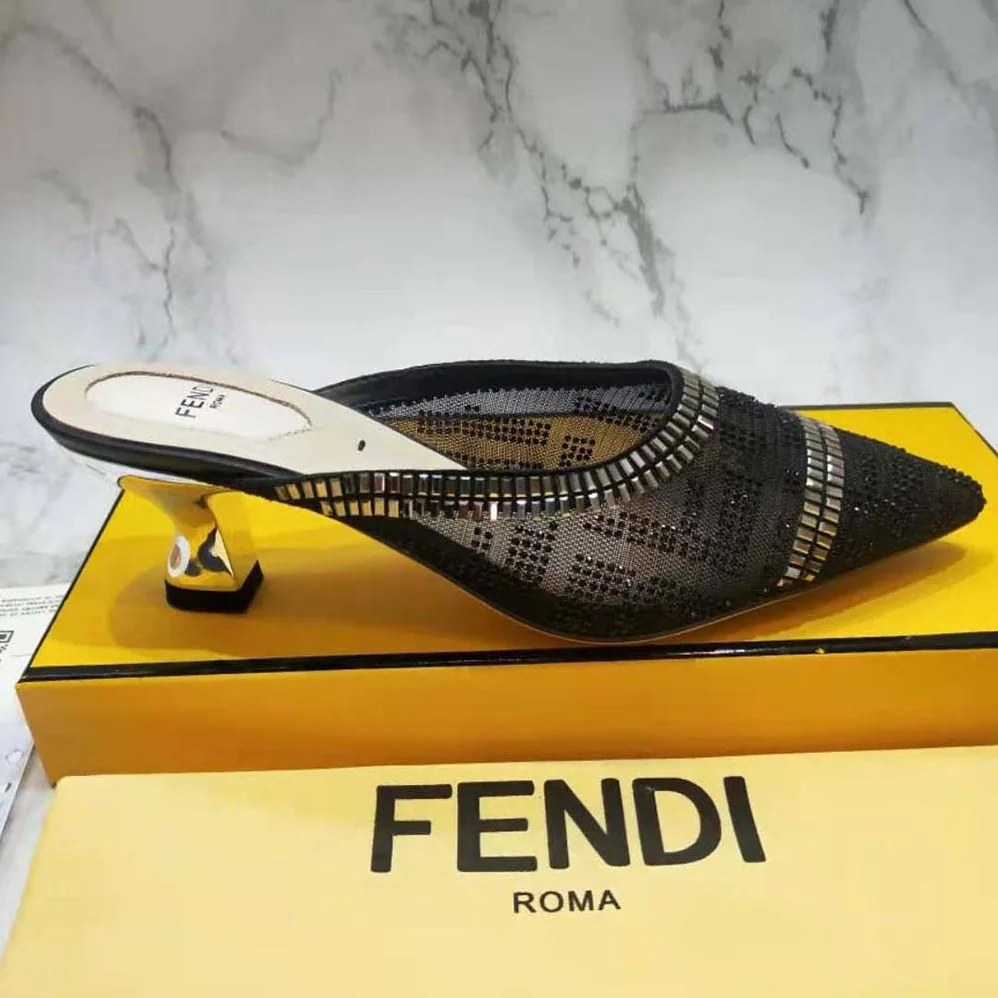 Fendi Colibri Sabots in Mesh and Black Leather for Women Fendi Colibri Sabots in Mesh and Black Leather for Women