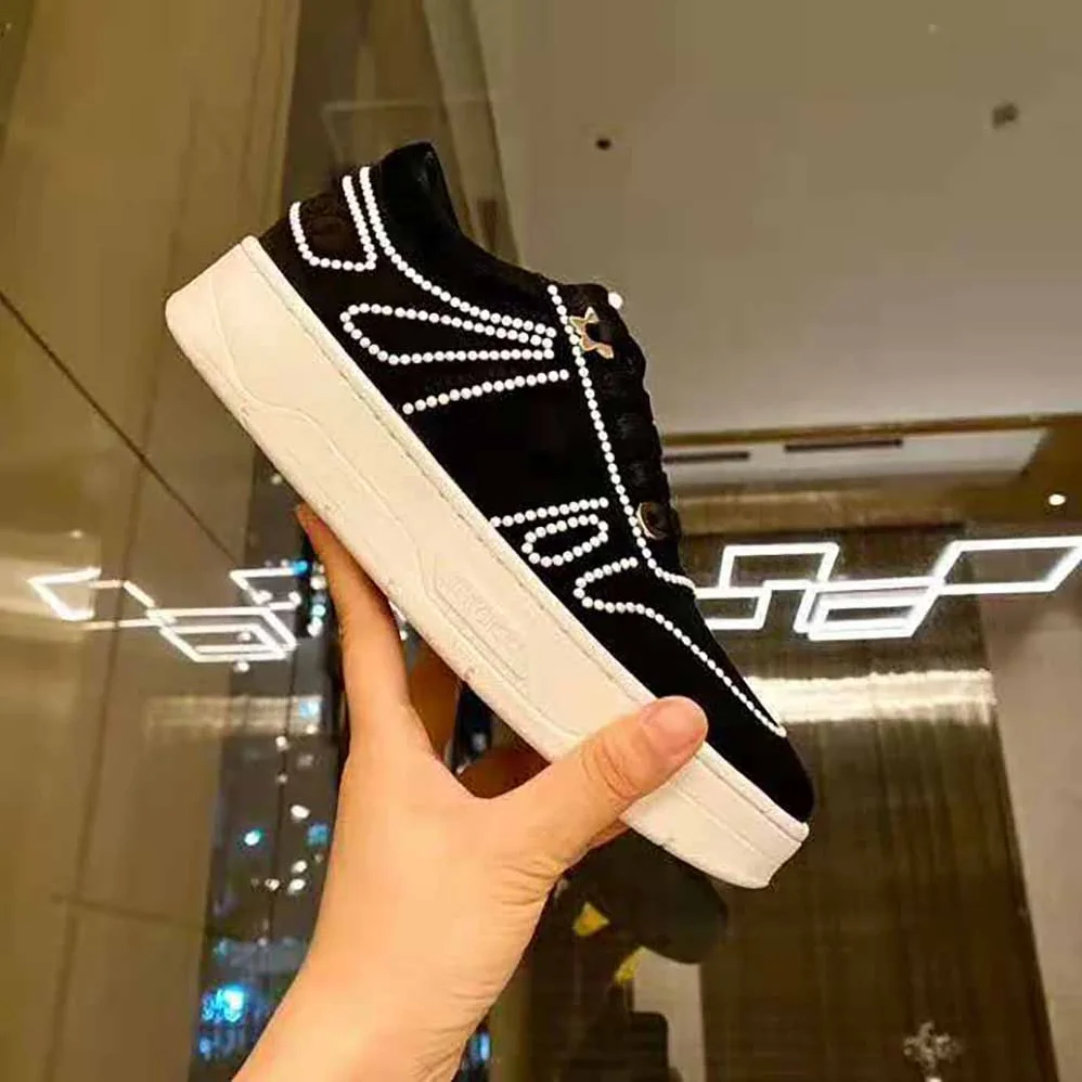 Jimmy Choo Hawaii/F Black Suede Lace-Up Sneakers with Pearl Detailing for Women Jimmy Choo Hawaii/F Black Suede Lace-Up Sneakers with Pearl Detailing for Women