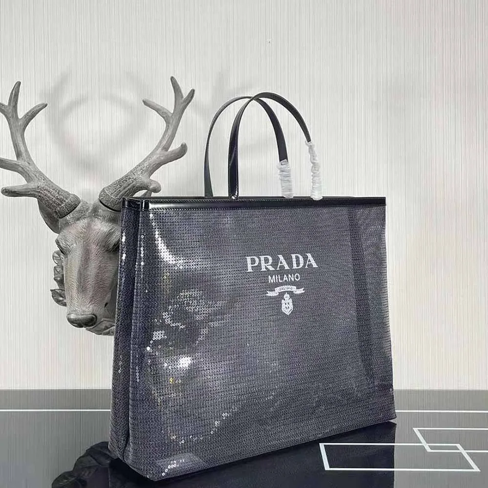 Prada Sequined Mesh Tote Bag for Women in Black Prada Sequined Mesh Tote Bag for Women in Black
