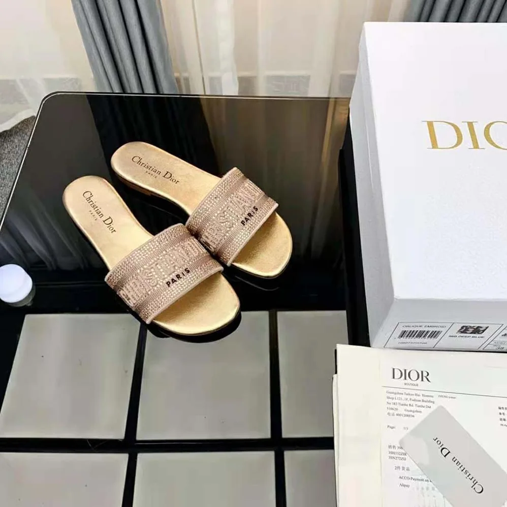 Dior Dway Slide Gold-Tone Cotton Embroidered with Metallic Thread and Strass for Women Dior Dway Slide Gold-Tone Cotton Embroidered with Metallic Thread and Strass for Women