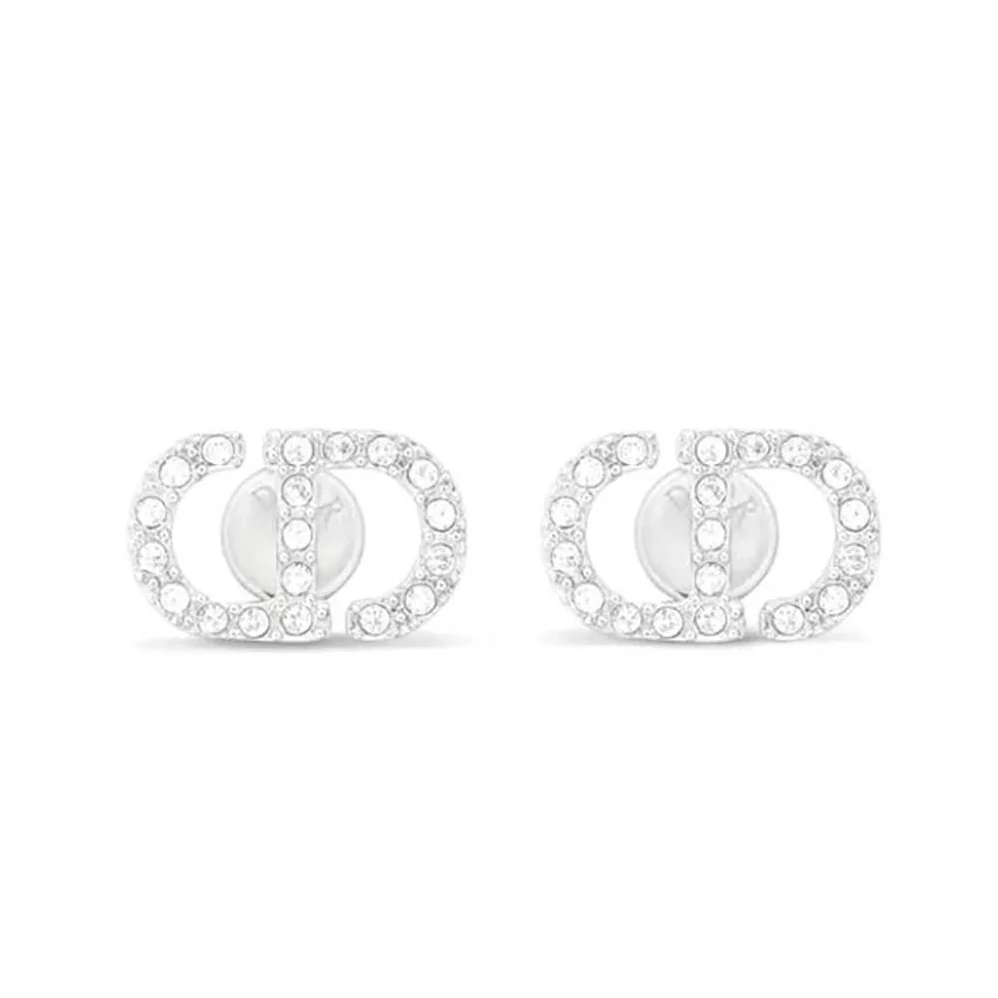 Dior Petit CD Mini Stud Earrings Silver-Finish Metal with White Crystals for Women Dior Petit CD Mini Stud Earrings Silver-Finish Metal with White Crystals for Women