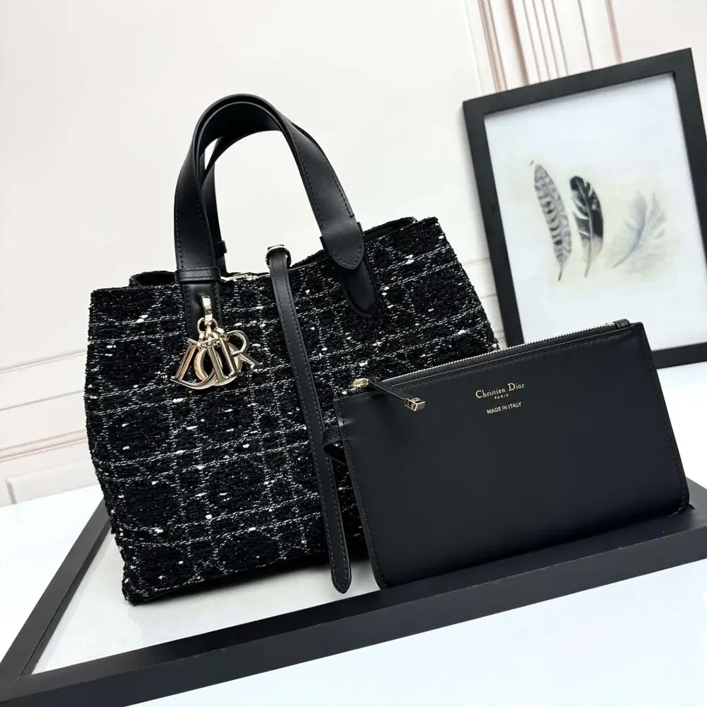 Dior Medium Dior Toujours Bag Black Tweed with White Cannage Motif for Women Dior Medium Dior Toujours Bag Black Tweed with White Cannage Motif for Women