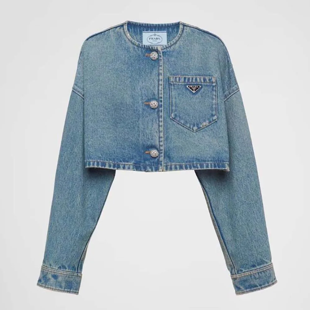 Prada Denim Blouson Jacket with Triangle Logo for Women Prada Denim Blouson Jacket with Triangle Logo for Women