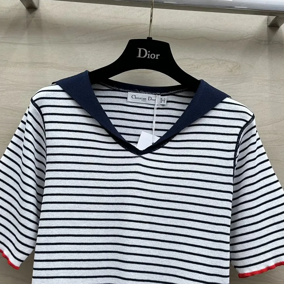 Dior Dioriviera Sweater White and Navy Blue Linen, Cashmere and Silk Ribbed Knit for Women Dior Dioriviera Sweater White and Navy Blue Linen, Cashmere and Silk Ribbed Knit for Women