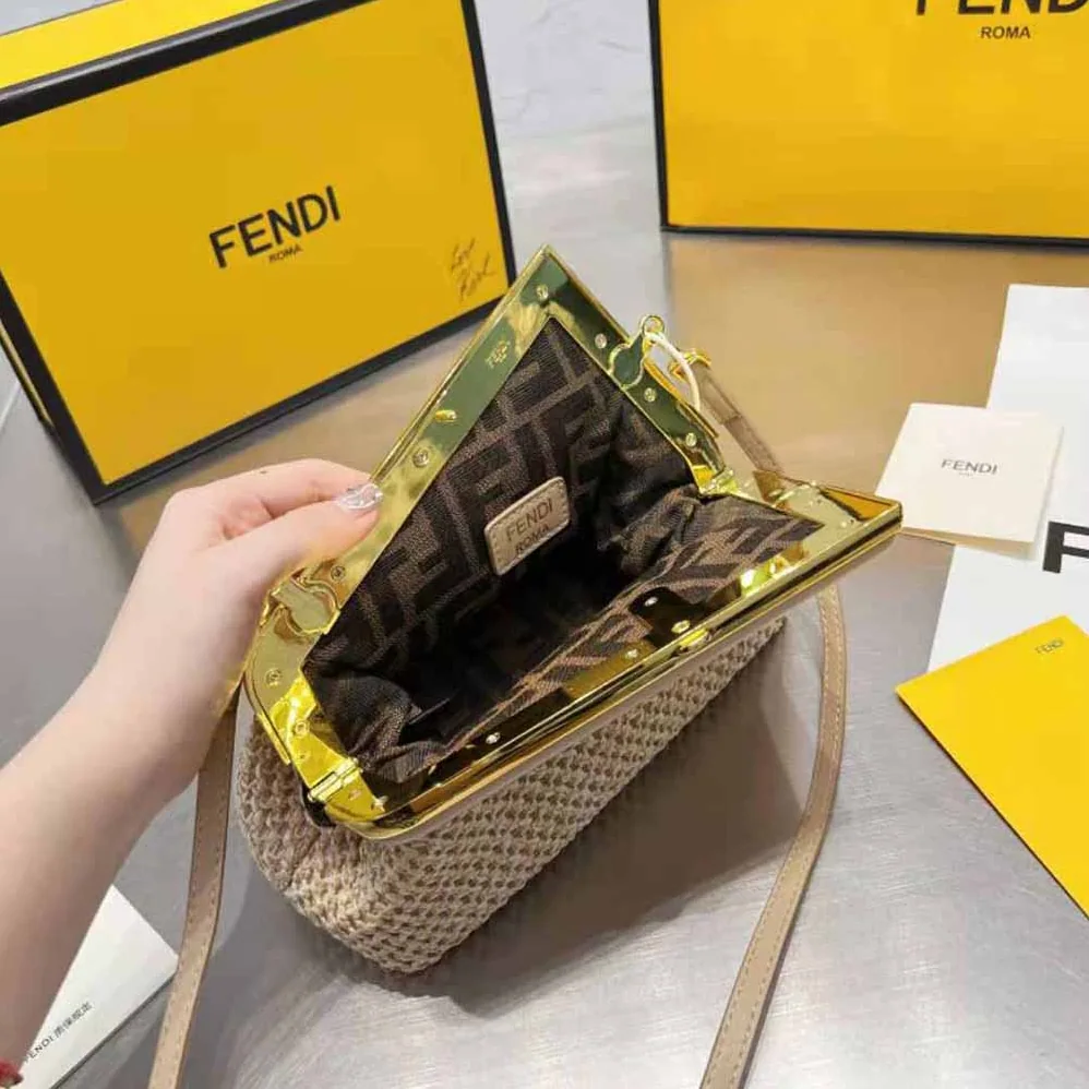 Fendi First Small Beige Raffia Macrame Bag for Women Fendi First Small Beige Raffia Macrame Bag for Women
