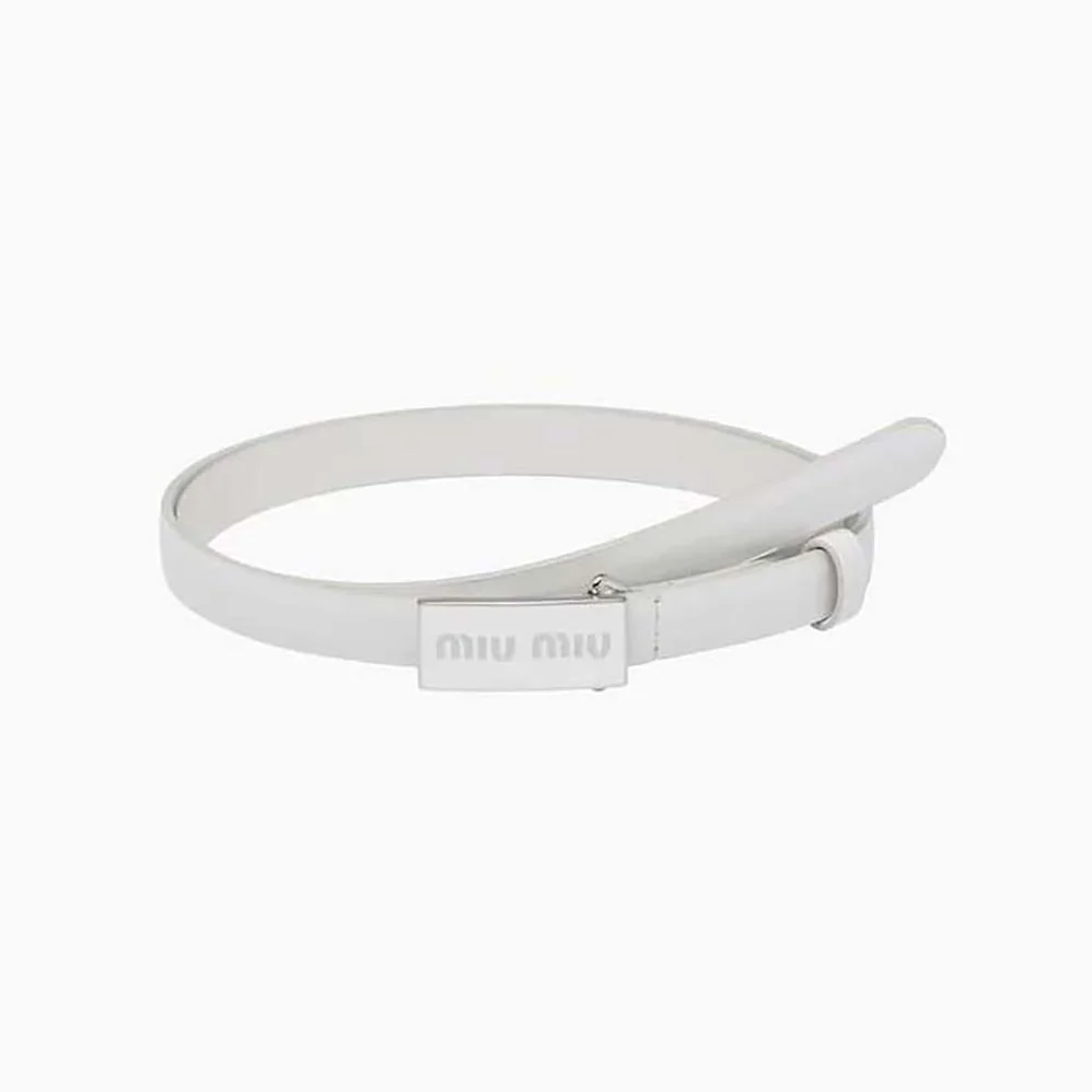 Miu Miu Brushed Leather Belt with Enameled Metal Buckle for Women in White Miu Miu Brushed Leather Belt with Enameled Metal Buckle for Women in White