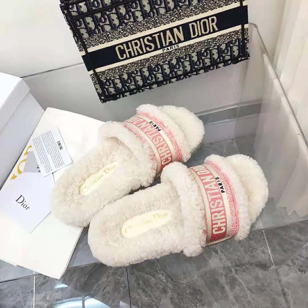 Dior Dway Slide Peony Pink Embroidered Cotton and White Shearling for Women
