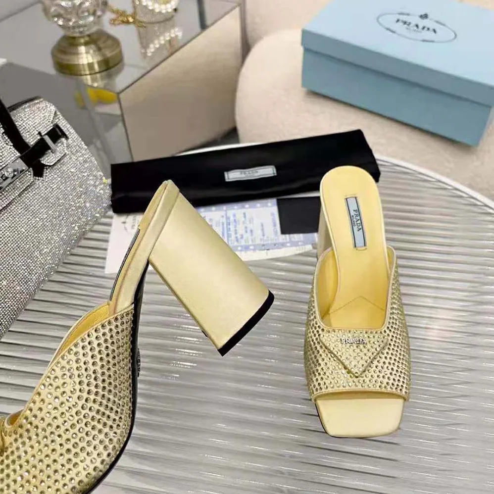 Prada High-Heeled Satin Slides with Crystals for Women in Yellow