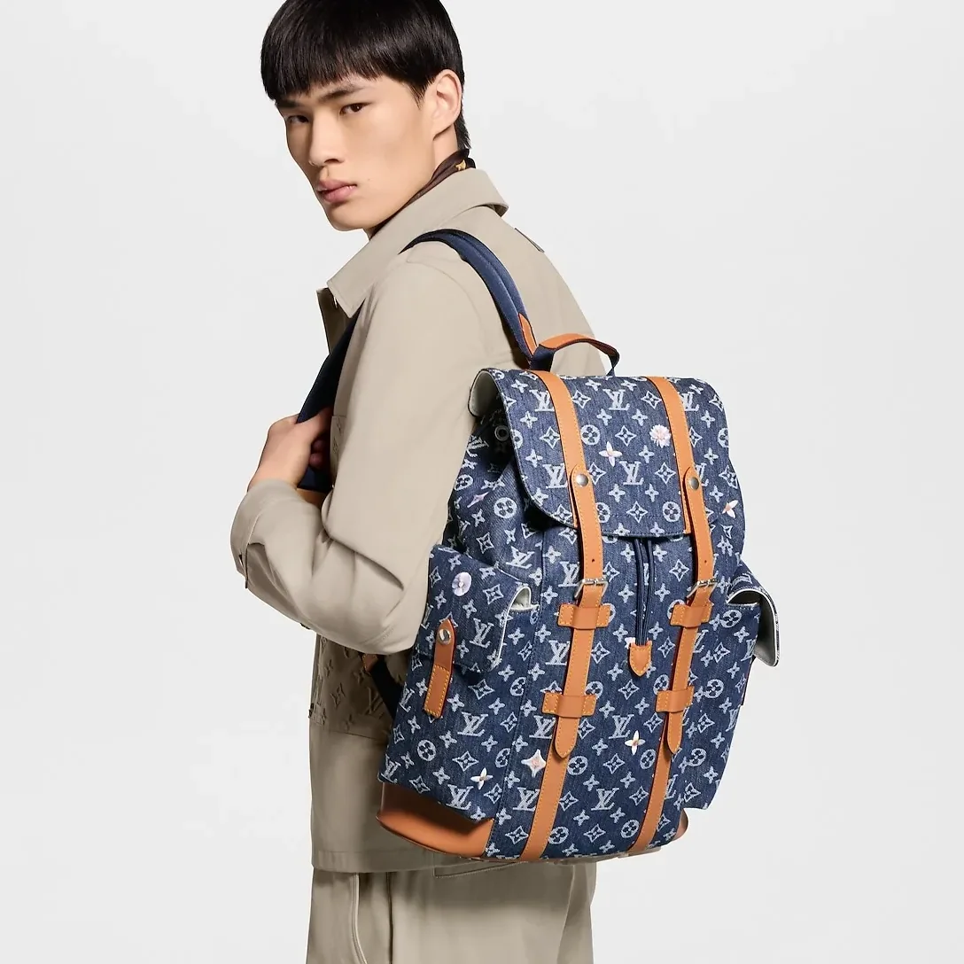 Louis Vuitton Christopher MM Backpack / Blue Monogram Flowers Denim Silver Hardware