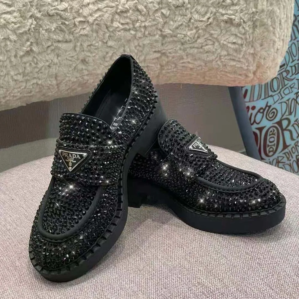 Prada Chocolate Satin Loafers with Crystals for Women in Black Prada Chocolate Satin Loafers with Crystals for Women in Black