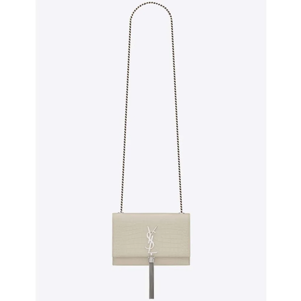 Saint Laurent YSL Kate Small Tassel Embossed Crocodile Shiny Calfskin for Women in White Saint Laurent YSL Kate Small Tassel Embossed Crocodile Shiny Calfskin for Women in White