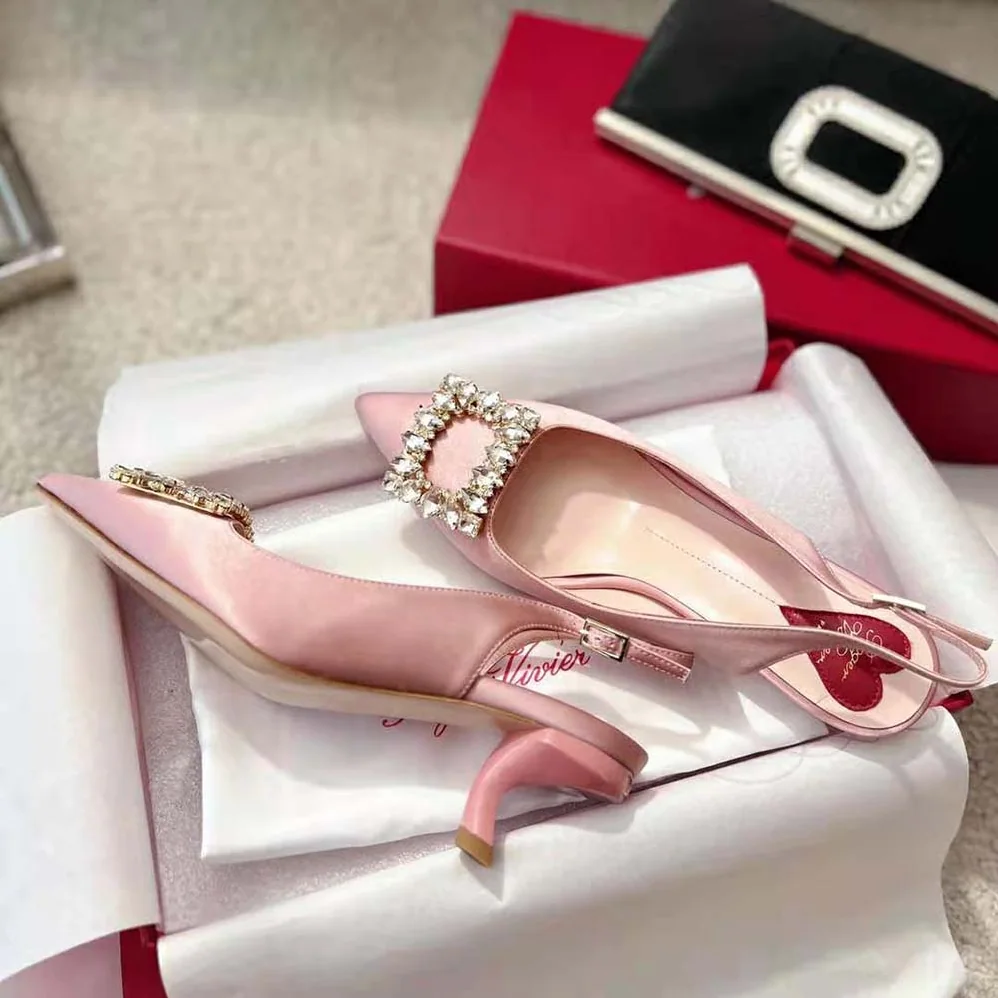 Roger Vivier Virgule Strass Buckle Slingback Pumps in Satin for Women in Pink Roger Vivier Virgule Strass Buckle Slingback Pumps in Satin for Women in Pink