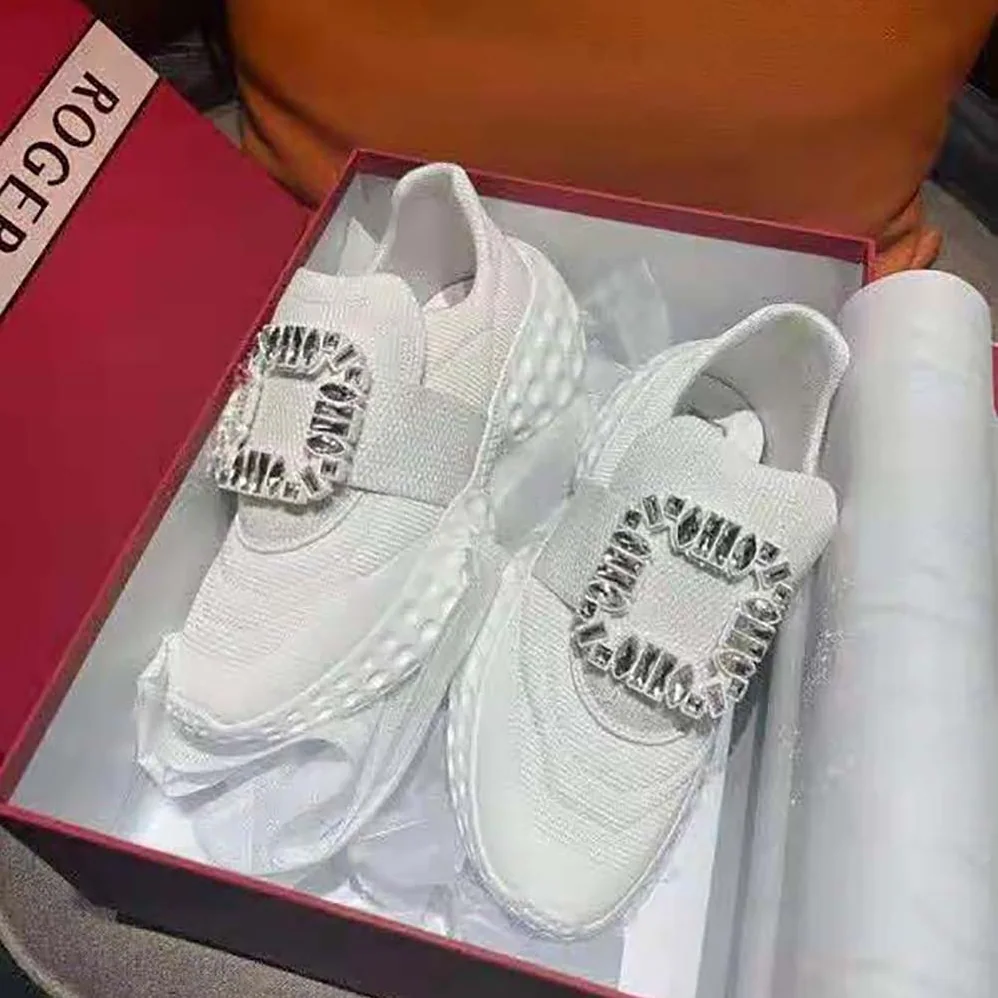 Roger Vivier Viv' Run Light Strass Buckle Sneakers in Fabrics for Women in White Roger Vivier Viv' Run Light Strass Buckle Sneakers in Fabrics for Women in White