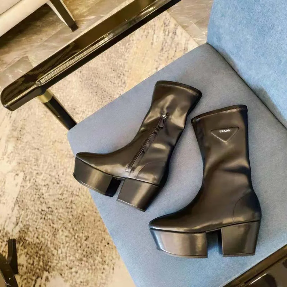 Prada Technical Nappa Leather Platform Boots for Women in Black Prada Technical Nappa Leather Platform Boots for Women in Black