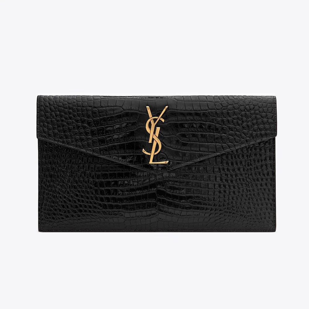 Saint Laurent YSL Uptown Pouch in Crocodile Embossed Shiny Leather for Women in Black