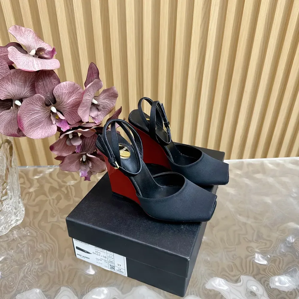 Saint Laurent YSL La Scandale Wedges in Satin Crepe for Women in Black Saint Laurent YSL La Scandale Wedges in Satin Crepe for Women in Black