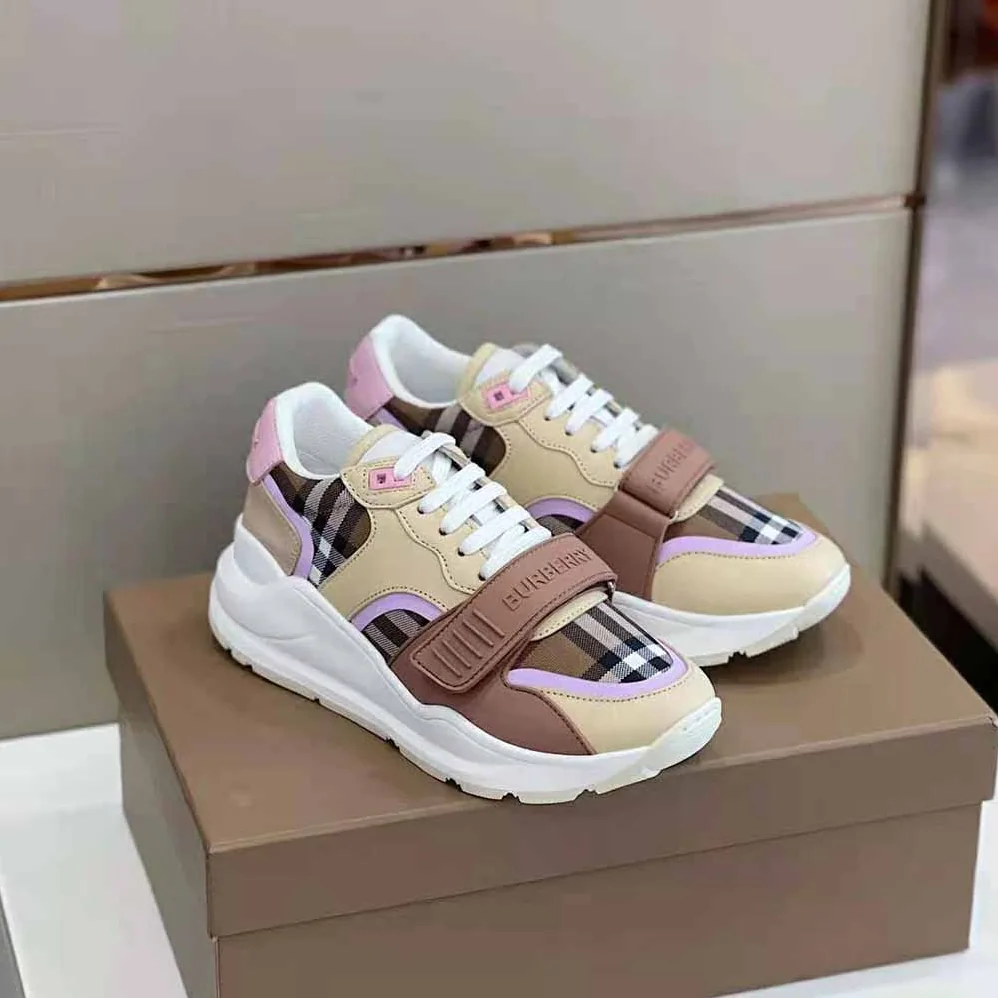 Burberry Check Cotton and Leather Sneakers for Women in Pink