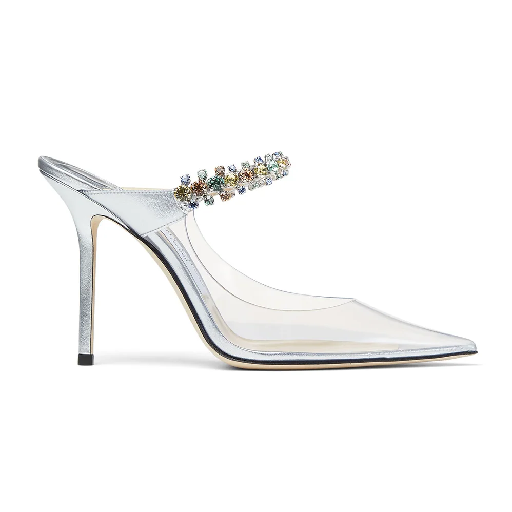 Jimmy Choo Bing 100 Clear Plexi Mules with Multicoloured Crystal Strap for Women Jimmy Choo Bing 100 Clear Plexi Mules with Multicoloured Crystal Strap for Women