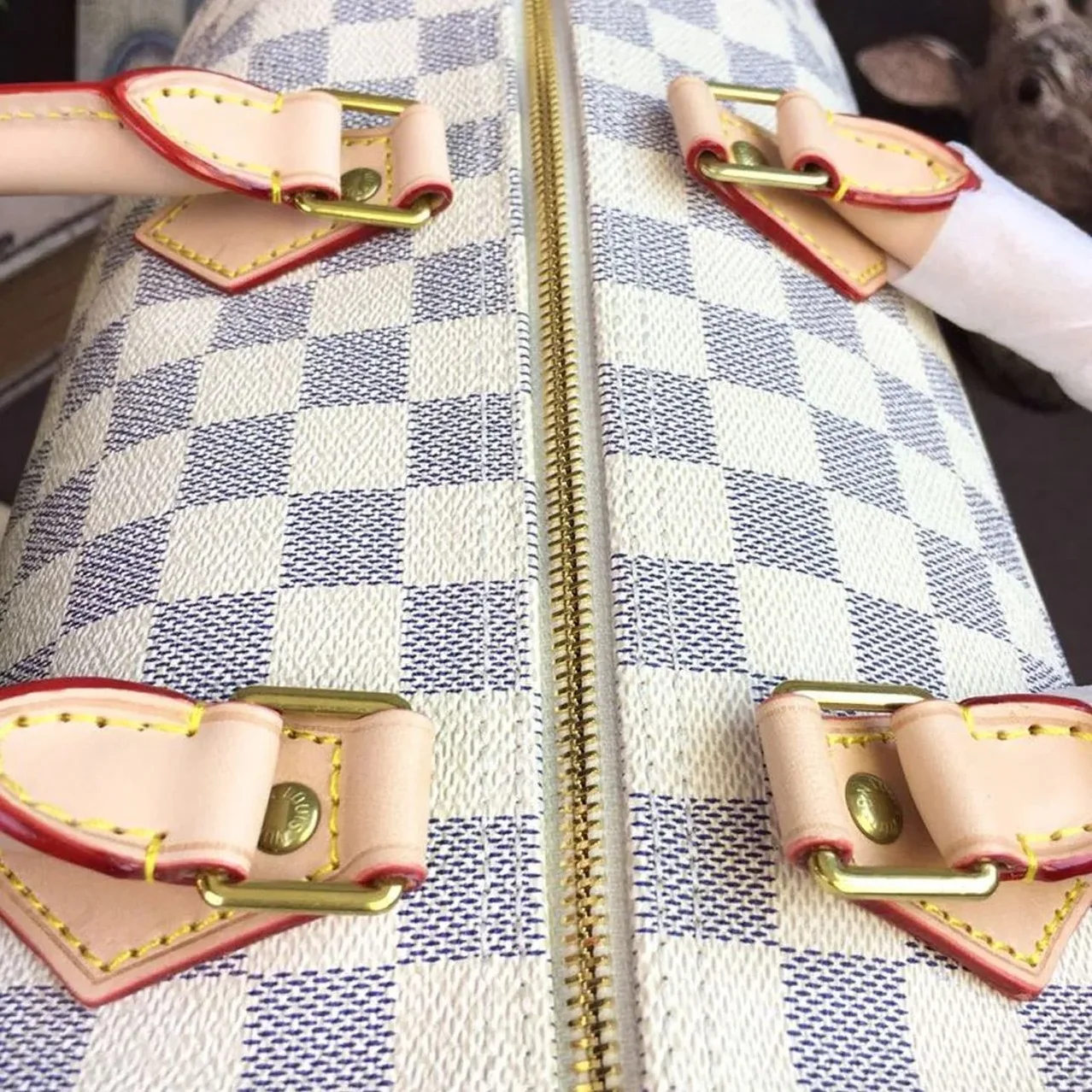 Louis Vuitton Speedy 35 Top Handle Bag / White Damier Azur Canvas Gold Hardware
