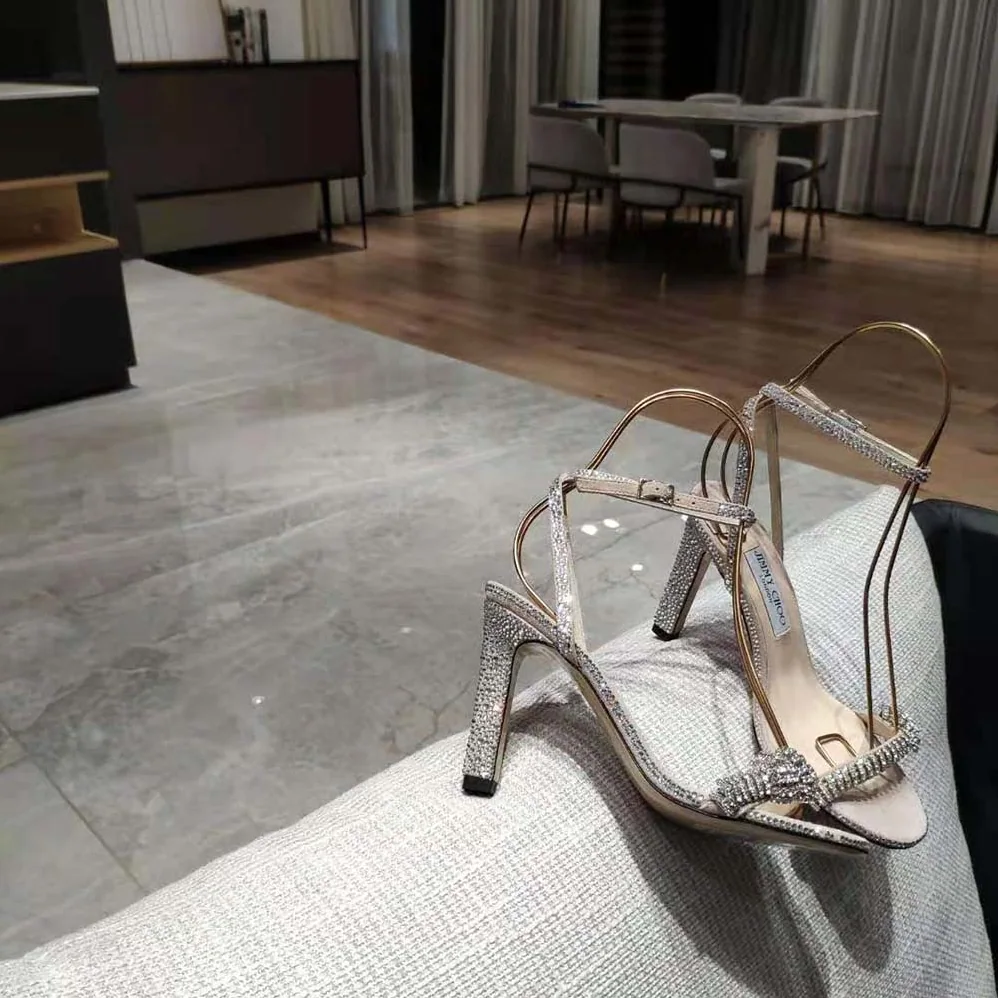Jimmy Choo Thyra 100 Nude Suede Sandals with Pavé Crystal Cord Detail for Women Jimmy Choo Thyra 100 Nude Suede Sandals with Pavé Crystal Cord Detail for Women