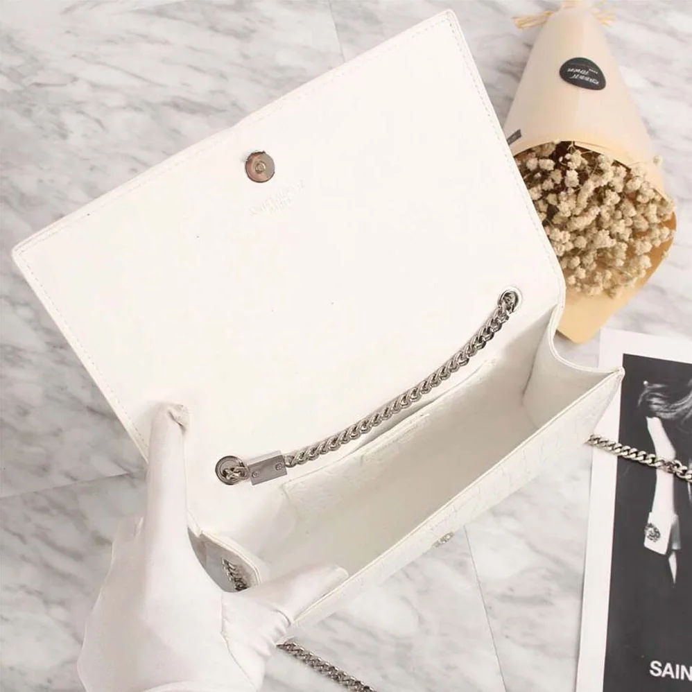 Saint Laurent YSL Kate Small Tassel Embossed Crocodile Shiny Calfskin for Women in White Saint Laurent YSL Kate Small Tassel Embossed Crocodile Shiny Calfskin for Women in White