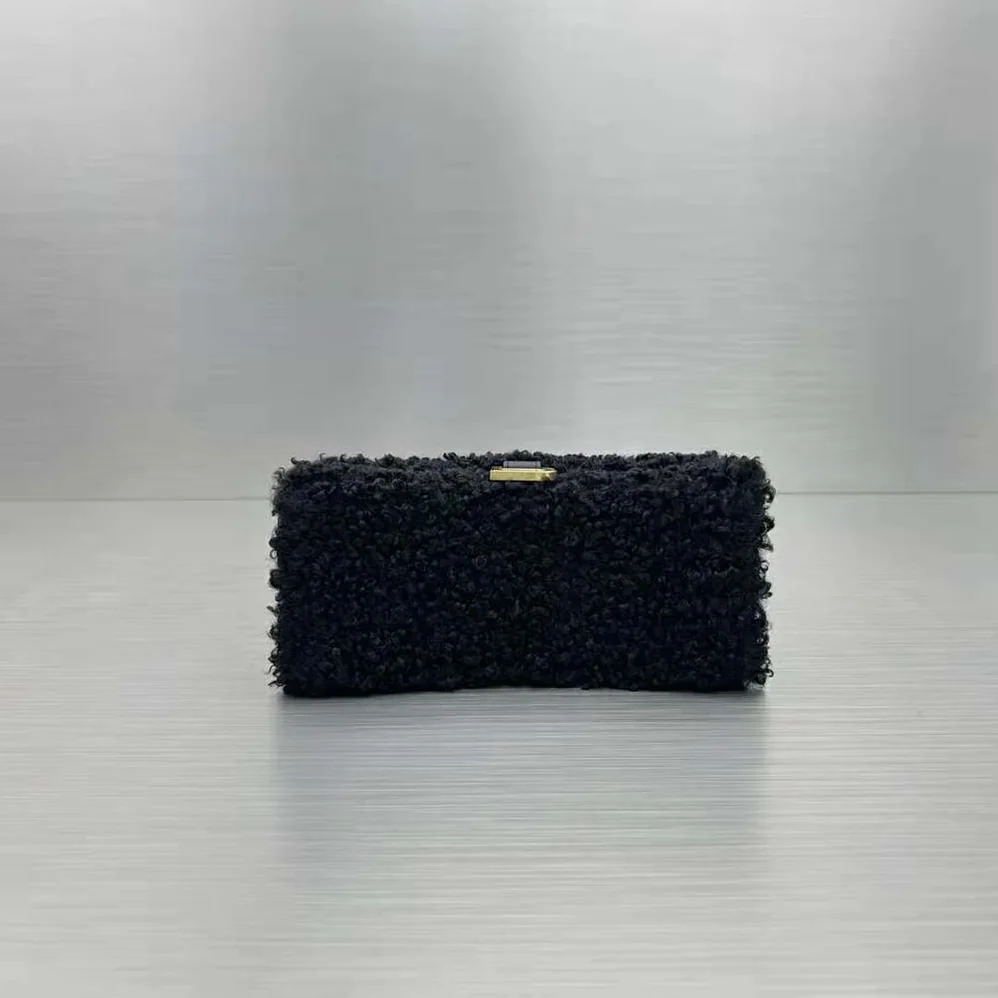 Balenciaga Furry Hourglass Small Handbag with Strap in Black for Women Balenciaga Furry Hourglass Small Handbag with Strap in Black for Women