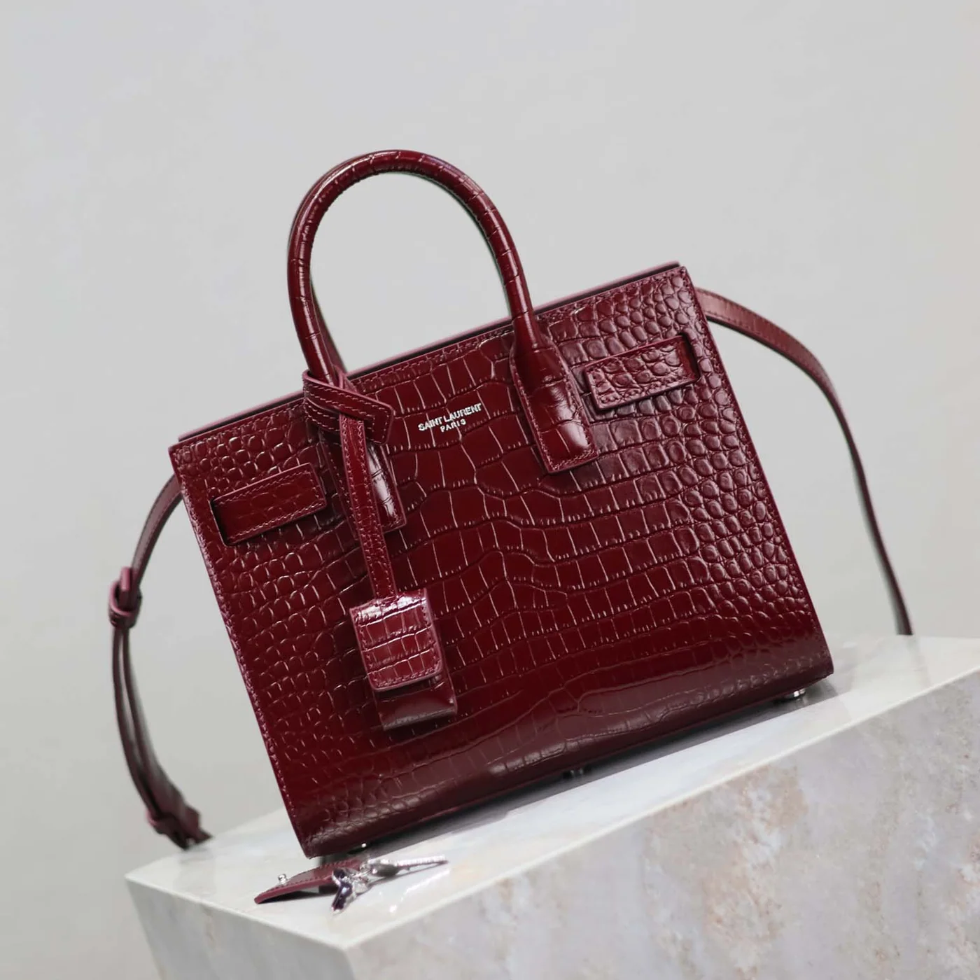 Saint Laurent YSL Sac De Jour in Crocodile Embossed Leather Nano for Women in Maroon Saint Laurent YSL Sac De Jour in Crocodile Embossed Leather Nano for Women in Maroon