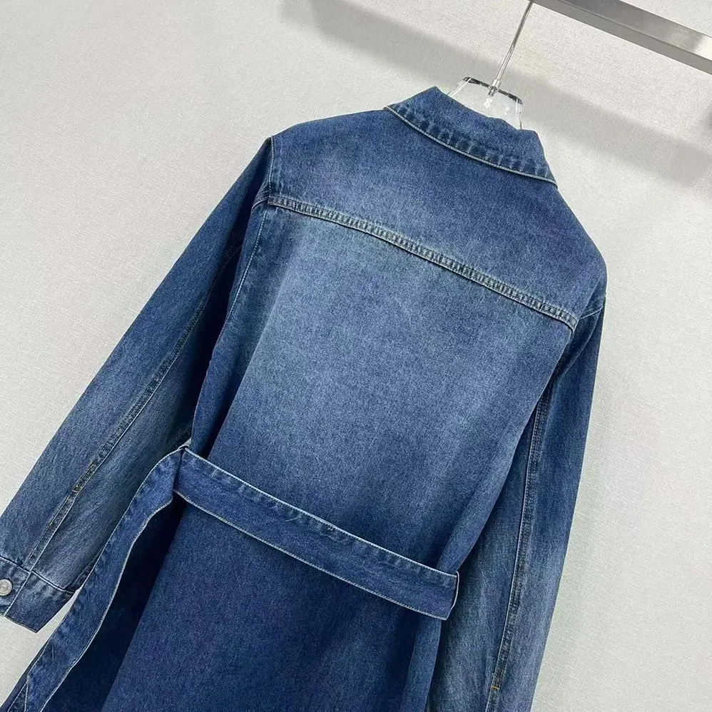 Dior Long Belted Jacket Blue Stonewashed Cotton Denim with Dior Oblique Interior for Women